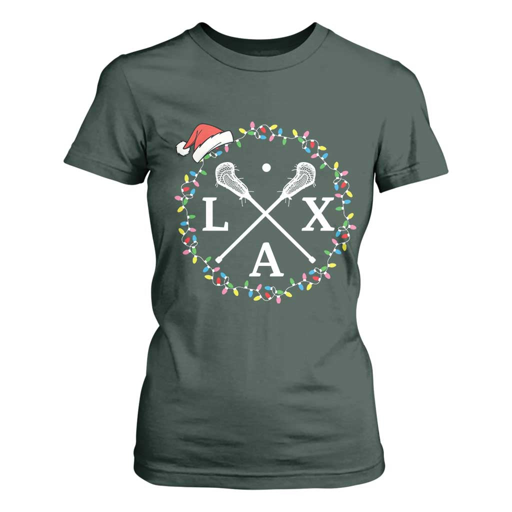 Funny Christmas Lacrosse Lax Stick Santa Hat T Shirt For Women TS11 Dark Forest Green Print Your Wear