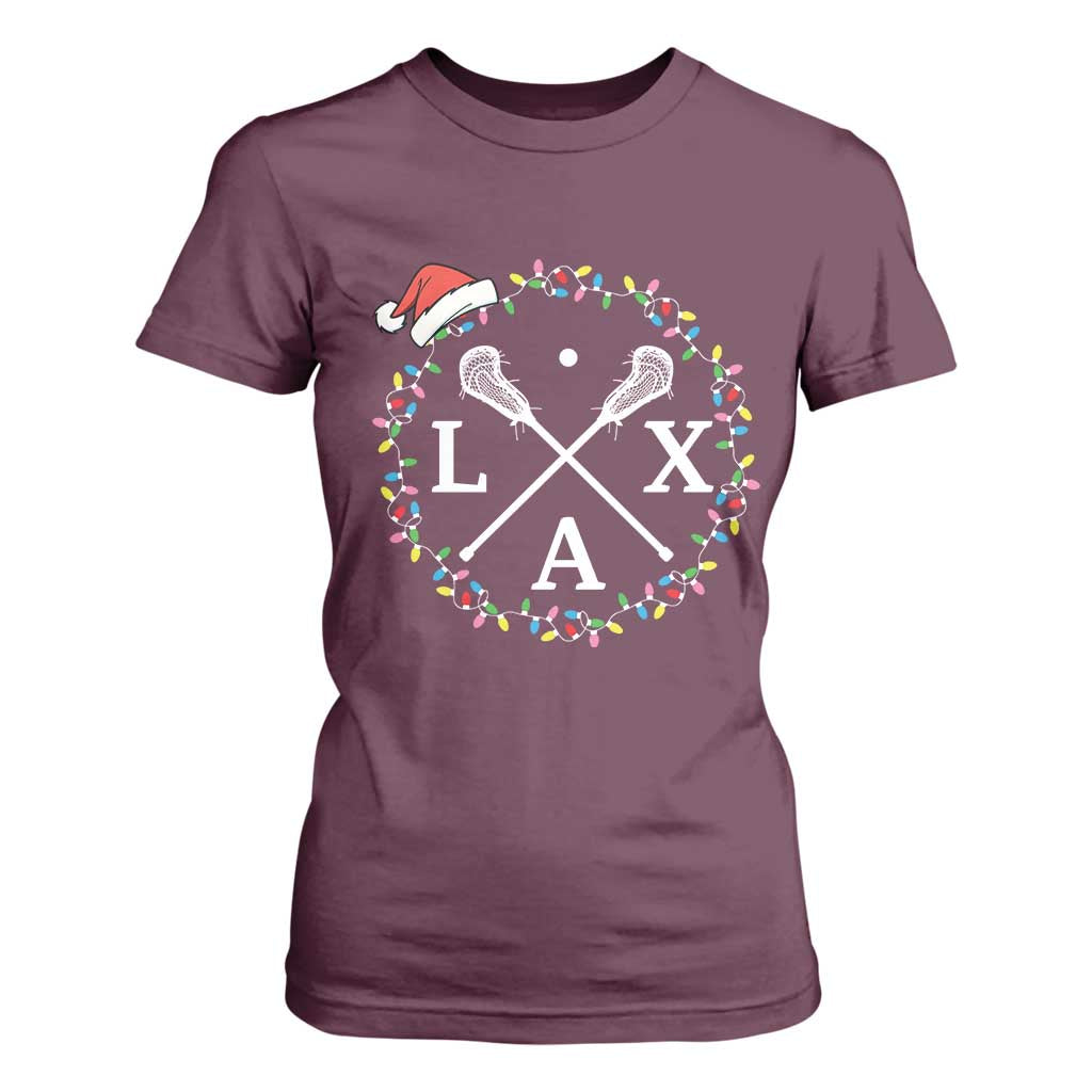 Funny Christmas Lacrosse Lax Stick Santa Hat T Shirt For Women TS11 Maroon Print Your Wear