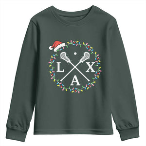 Funny Christmas Lacrosse Lax Stick Santa Hat Youth Sweatshirt TS11 Dark Forest Green Print Your Wear