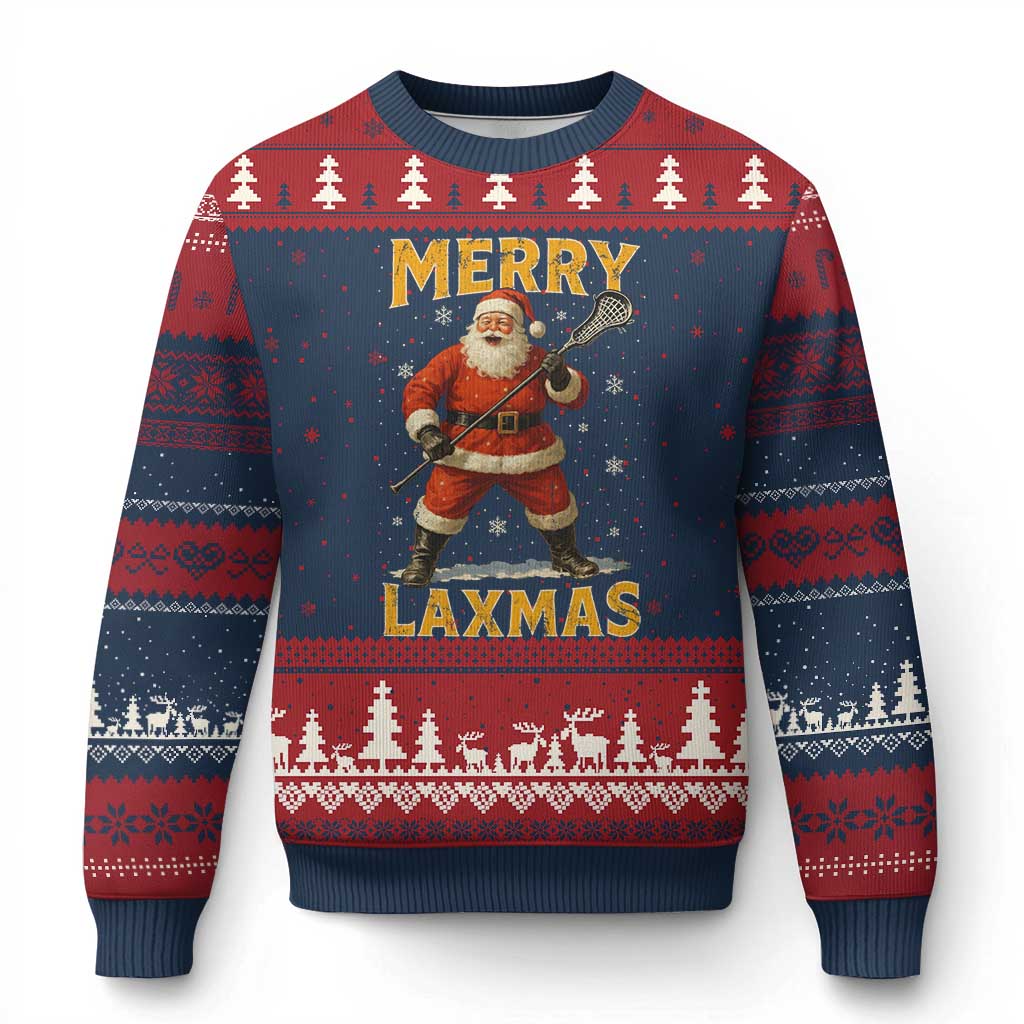 Funny Xmas Lacrosse Ugly Christmas Sweater Merry Laxmas Santa Lax Player TS11 Navy Red Print Your Wear
