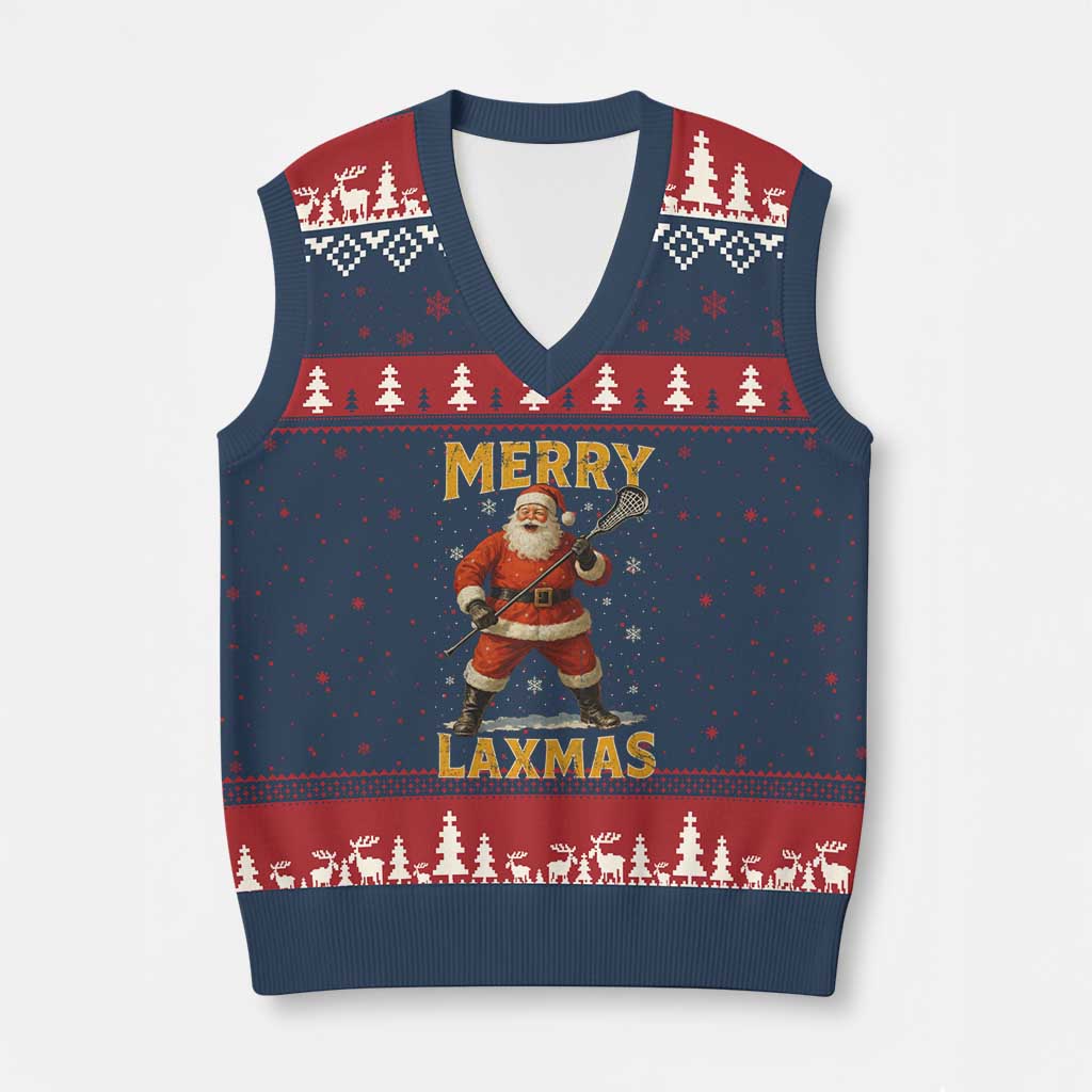 Funny Xmas Lacrosse V-Neck Knit Sweater Vest Merry Laxmas Santa Lax Player TS11 Navy Red Print Your Wear