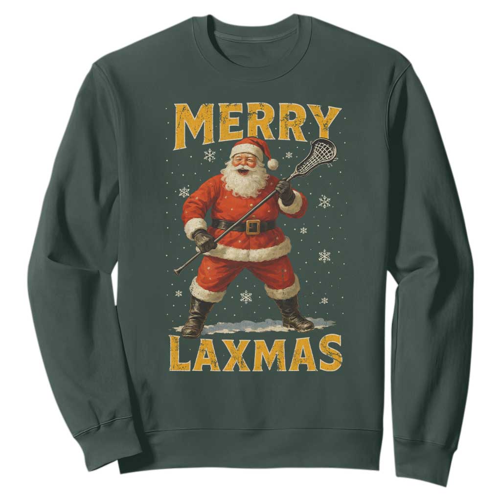 Funny Christmas Lacrosse Sweatshirt Merry Laxmas Santa Lax Player TS11 Dark Forest Green Print Your Wear