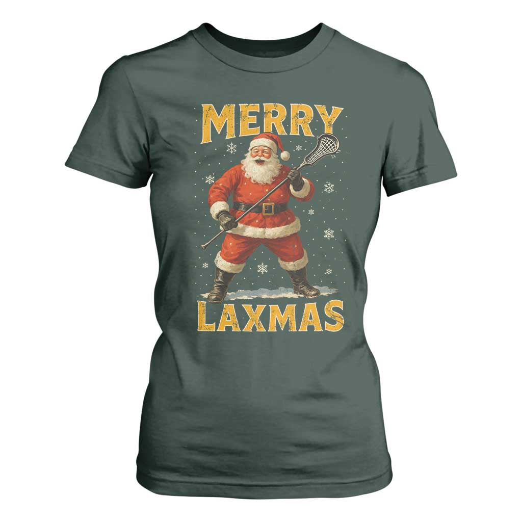 Funny Christmas Lacrosse T Shirt For Women Merry Laxmas Santa Lax Player TS11 Dark Forest Green Print Your Wear