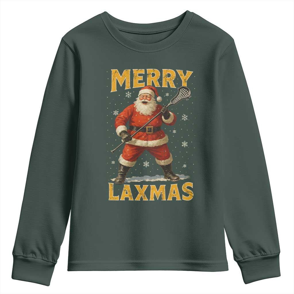 Funny Christmas Lacrosse Youth Sweatshirt Merry Laxmas Santa Lax Player TS11 Dark Forest Green Print Your Wear