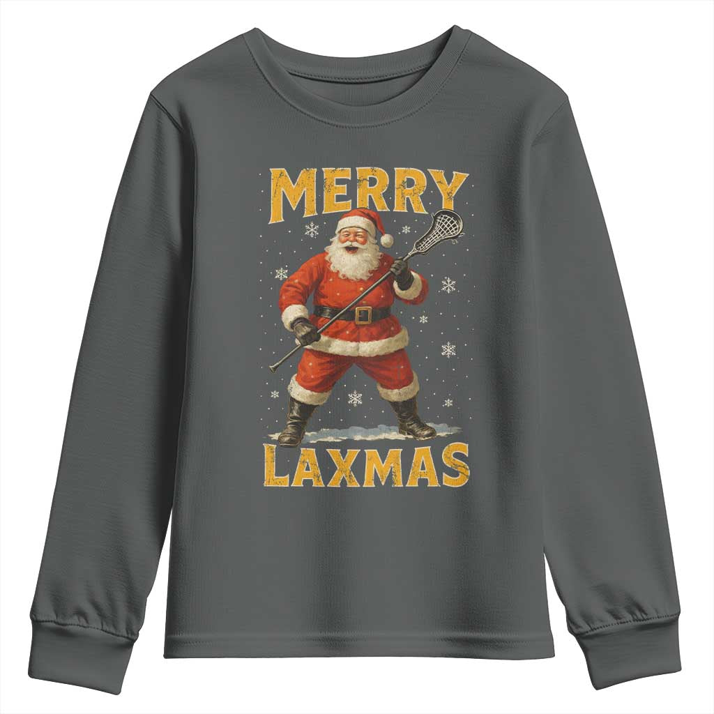 Funny Christmas Lacrosse Youth Sweatshirt Merry Laxmas Santa Lax Player TS11 Dark Heather Print Your Wear