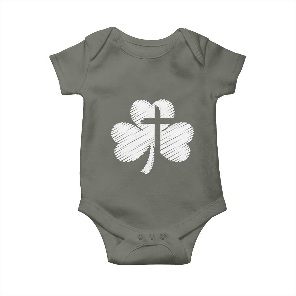 St Patricks Day Christian Religious Shamrock Cross Baby Onesie TS11 Military Green Print Your Wear