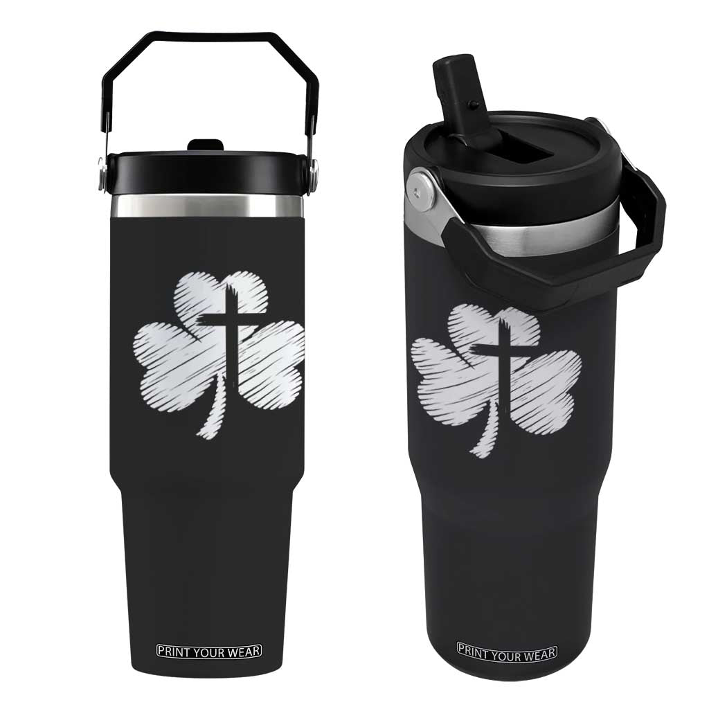 St Patricks Day Christian Religious Shamrock Cross Flip Straw Tumbler TS11 One Size: 30 oz Black Print Your Wear
