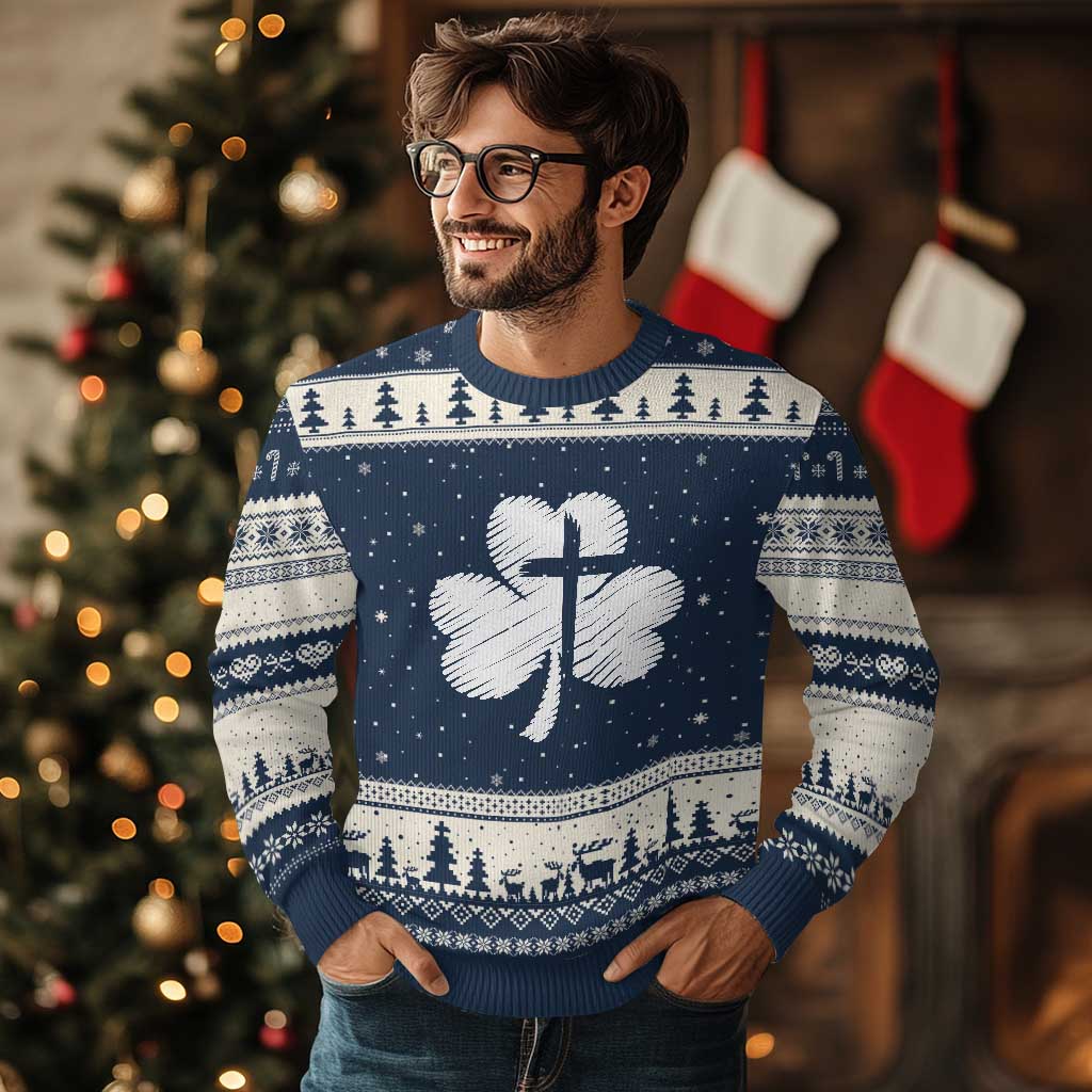 St Patricks Day Christian Religious Shamrock Cross Ugly Christmas Sweater TS11 Navy Beige Print Your Wear