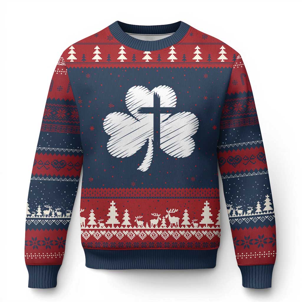 St Patricks Day Christian Religious Shamrock Cross Ugly Christmas Sweater TS11 Navy Red Print Your Wear