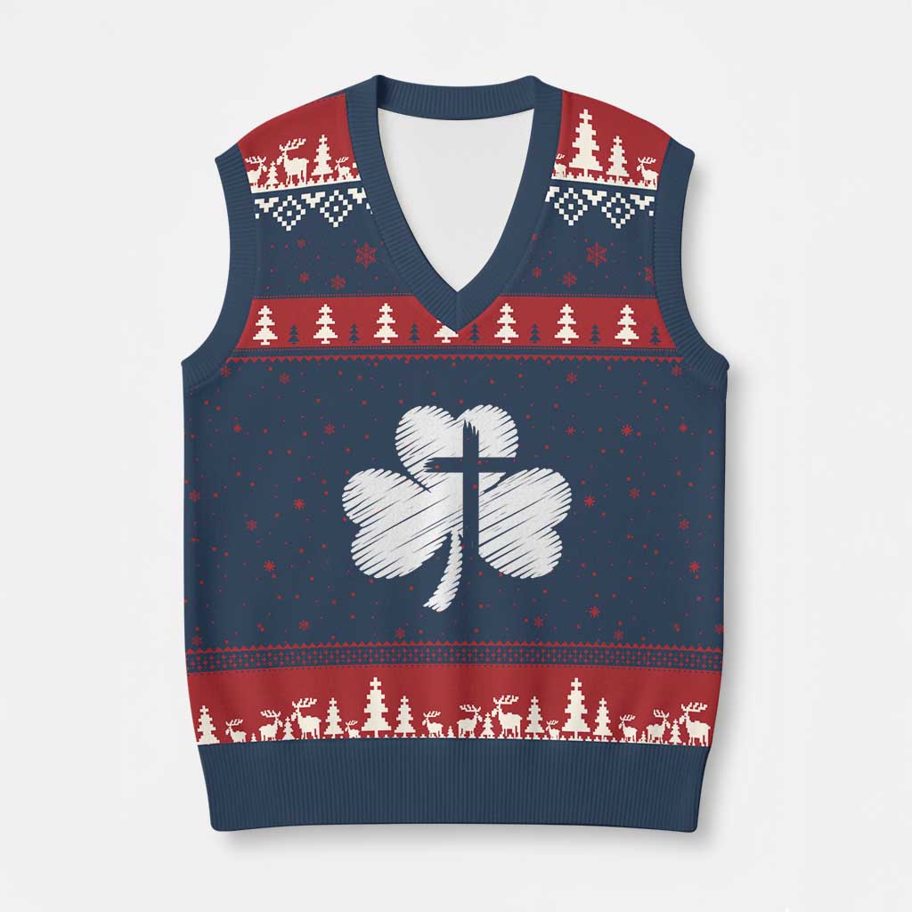 St Patricks Day Christian Religious Shamrock Cross V-Neck Knit Sweater Vest TS11 Navy Red Print Your Wear