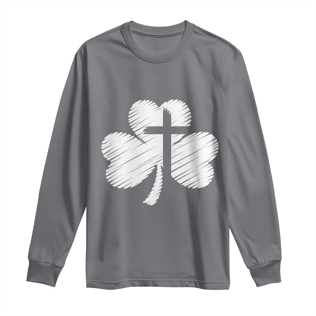 St Patricks Day Christian Religious Shamrock Cross Long Sleeve Shirt TS11 Charcoal Print Your Wear