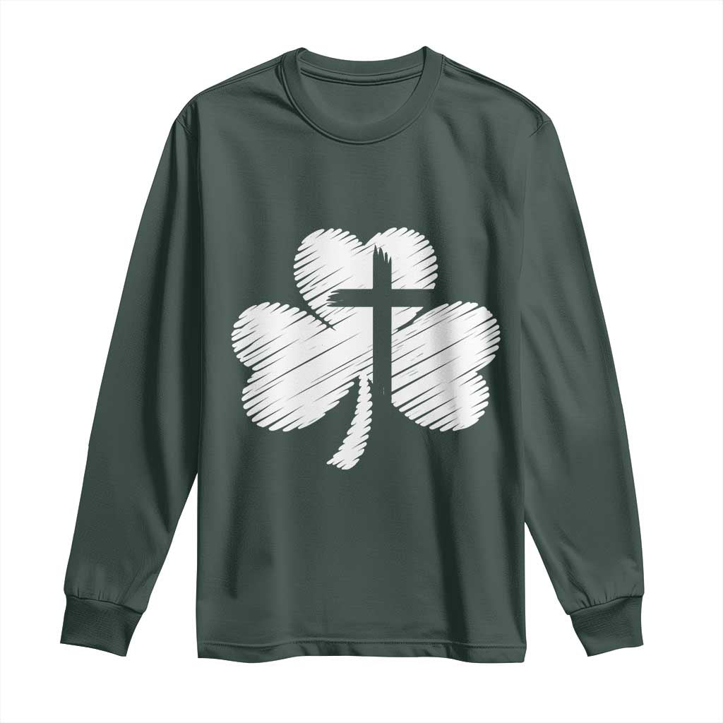 St Patricks Day Christian Religious Shamrock Cross Long Sleeve Shirt TS11 Dark Forest Green Print Your Wear