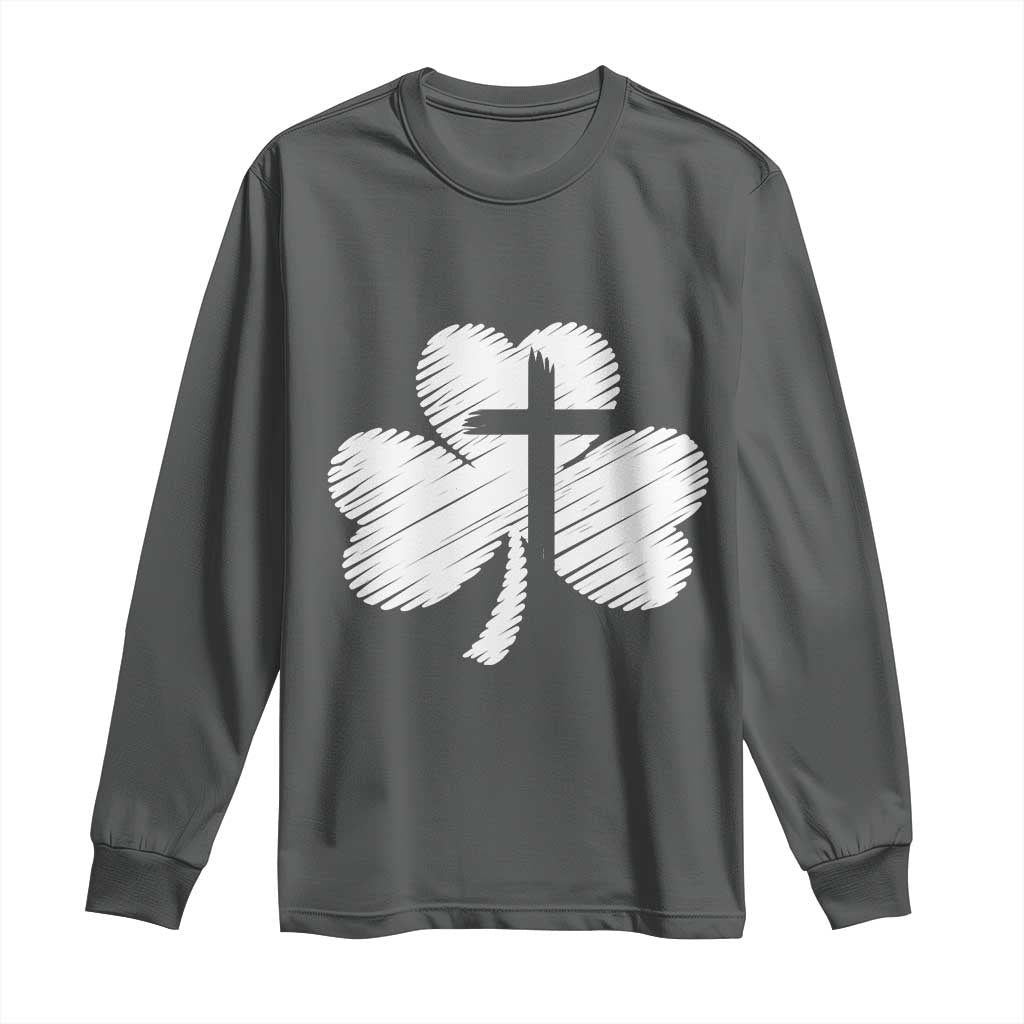 St Patricks Day Christian Religious Shamrock Cross Long Sleeve Shirt TS11 Dark Heather Print Your Wear