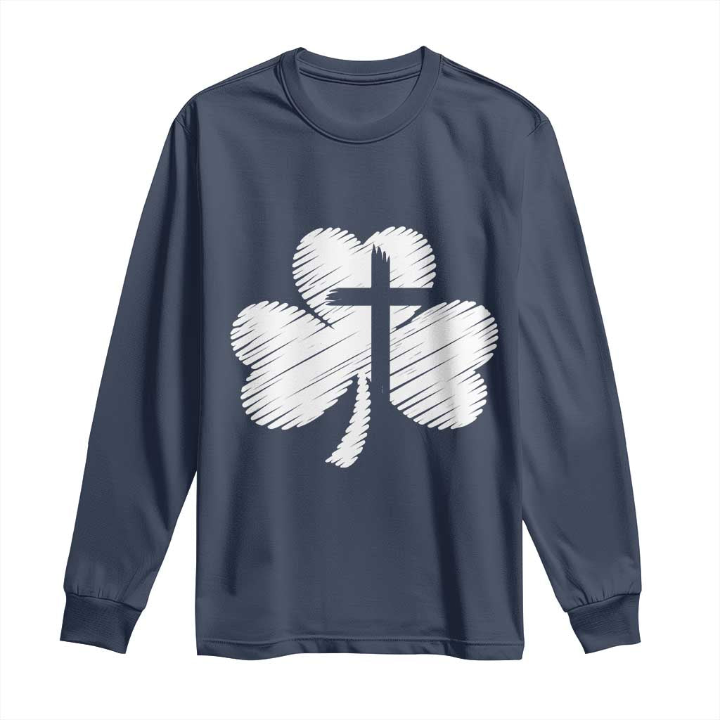 St Patricks Day Christian Religious Shamrock Cross Long Sleeve Shirt TS11 Navy Print Your Wear