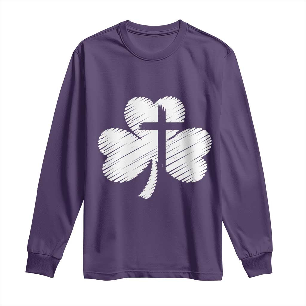St Patricks Day Christian Religious Shamrock Cross Long Sleeve Shirt TS11 Purple Print Your Wear