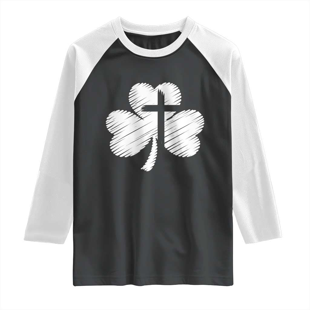 St Patricks Day Christian Religious Shamrock Cross Raglan Shirt TS11 Black White Print Your Wear