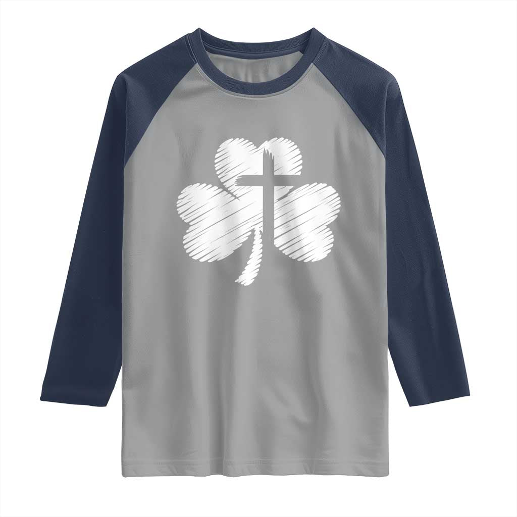 St Patricks Day Christian Religious Shamrock Cross Raglan Shirt TS11 Sport Gray Navy Print Your Wear