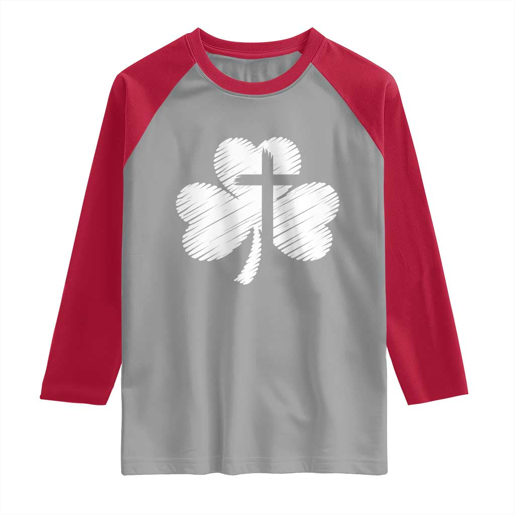 St Patricks Day Christian Religious Shamrock Cross Raglan Shirt TS11 Sport Gray Red Print Your Wear
