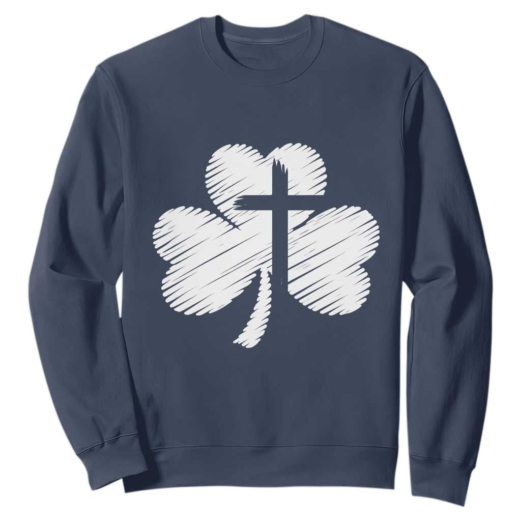 St Patricks Day Christian Religious Shamrock Cross Sweatshirt TS11 Navy Print Your Wear