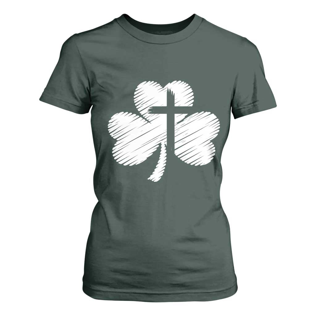 St Patricks Day Christian Religious Shamrock Cross T Shirt For Women TS11 Dark Forest Green Print Your Wear