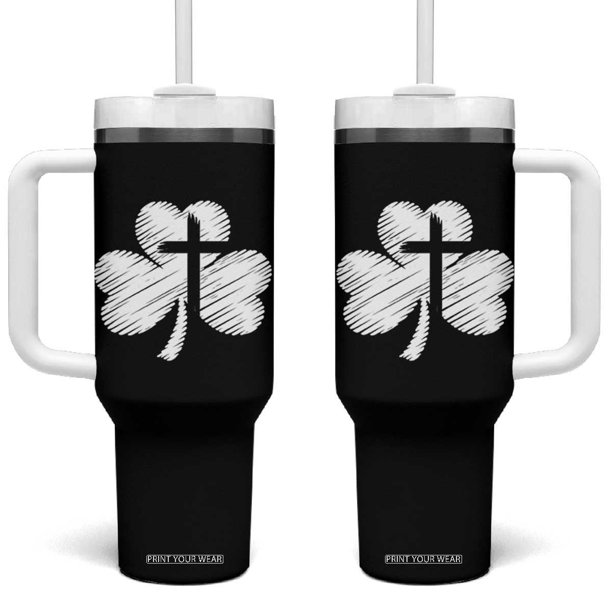 St Patricks Day Christian Religious Shamrock Cross Tumbler With Handle TS11 One Size: 40 oz Black Print Your Wear