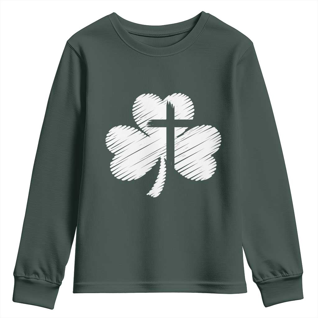 St Patricks Day Christian Religious Shamrock Cross Youth Sweatshirt TS11 Dark Forest Green Print Your Wear