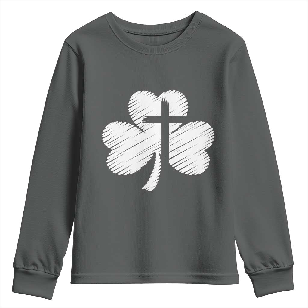 St Patricks Day Christian Religious Shamrock Cross Youth Sweatshirt TS11 Dark Heather Print Your Wear