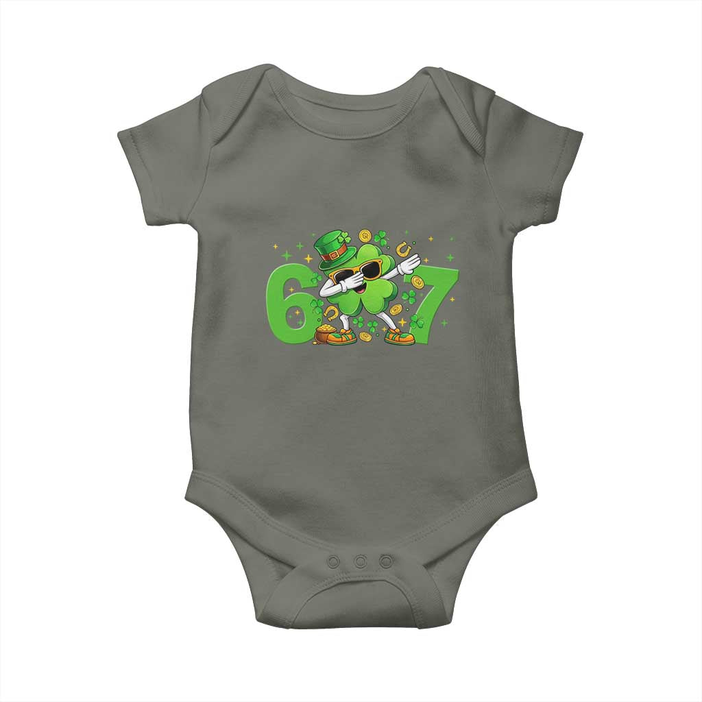 Funny Six Seven 67 St Patricks Day Dabbing Shamrock Baby Onesie TS11 Military Green Print Your Wear