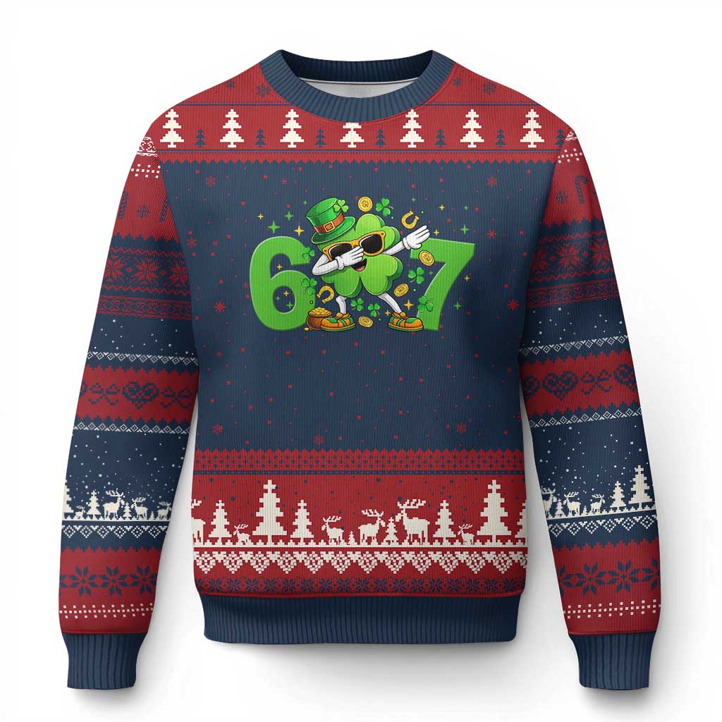Funny Six Seven 67 St Patricks Day Dabbing Shamrock Ugly Christmas Sweater TS11 Navy Red Print Your Wear