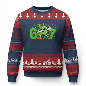 Funny Six Seven 67 St Patricks Day Dabbing Shamrock Ugly Christmas Sweater TS11 Navy Red Print Your Wear