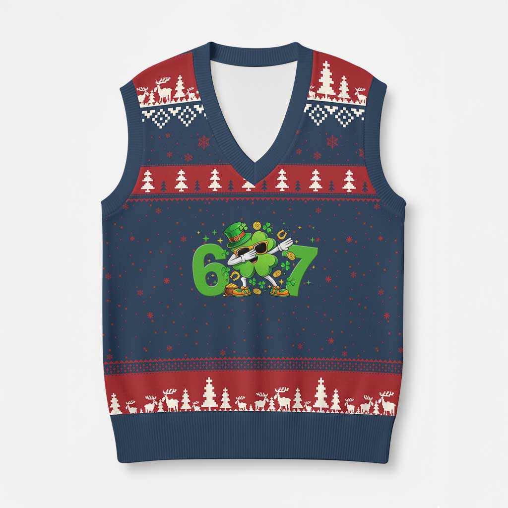Funny Six Seven 67 St Patricks Day Dabbing Shamrock V-Neck Knit Sweater Vest TS11 Navy Red Print Your Wear