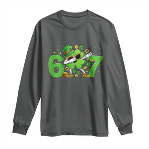 Funny Six Seven 67 St Patricks Day Dabbing Shamrock Long Sleeve Shirt TS11 Dark Heather Print Your Wear