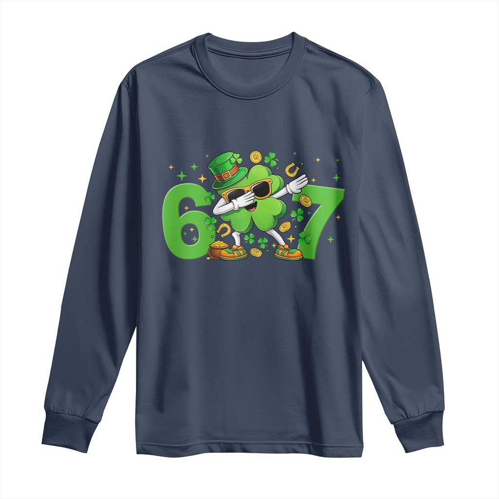 Funny Six Seven 67 St Patricks Day Dabbing Shamrock Long Sleeve Shirt TS11 Navy Print Your Wear