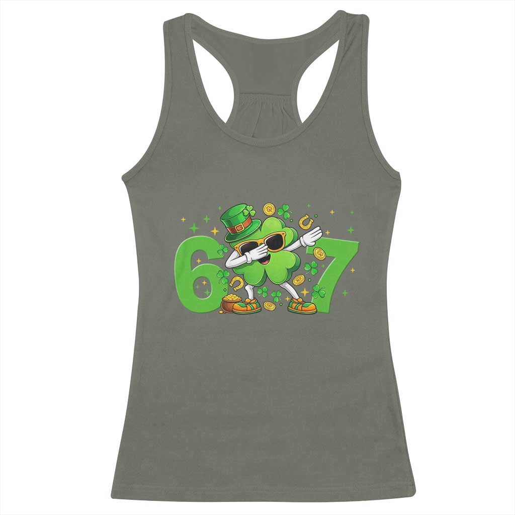 Funny Six Seven 67 St Patricks Day Dabbing Shamrock Racerback Tank Top TS11 Military Green Print Your Wear