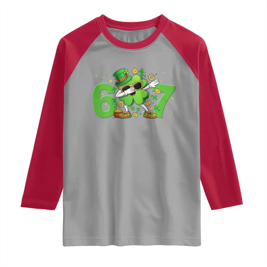 Funny Six Seven 67 St Patricks Day Dabbing Shamrock Raglan Shirt TS11 Sport Gray Red Print Your Wear