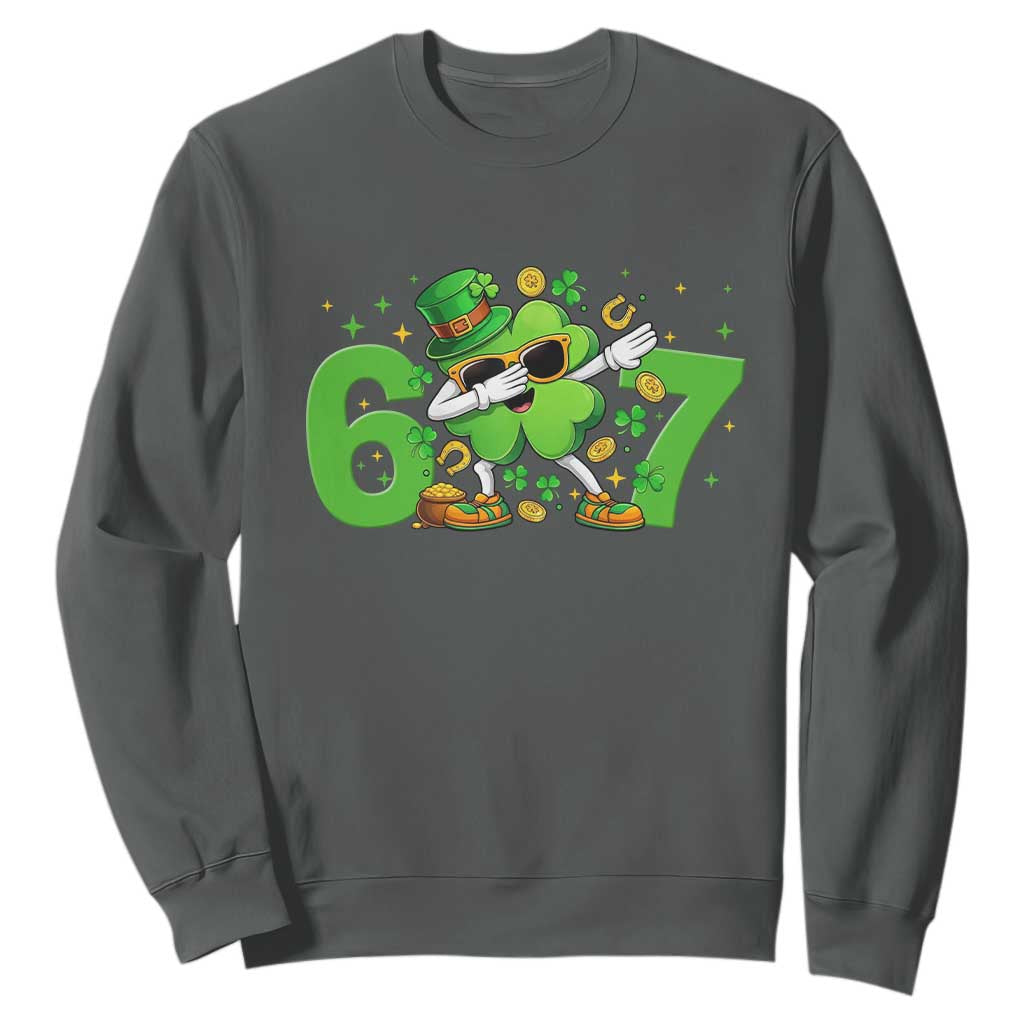 Funny Six Seven 67 St Patricks Day Dabbing Shamrock Sweatshirt TS11 Dark Heather Print Your Wear