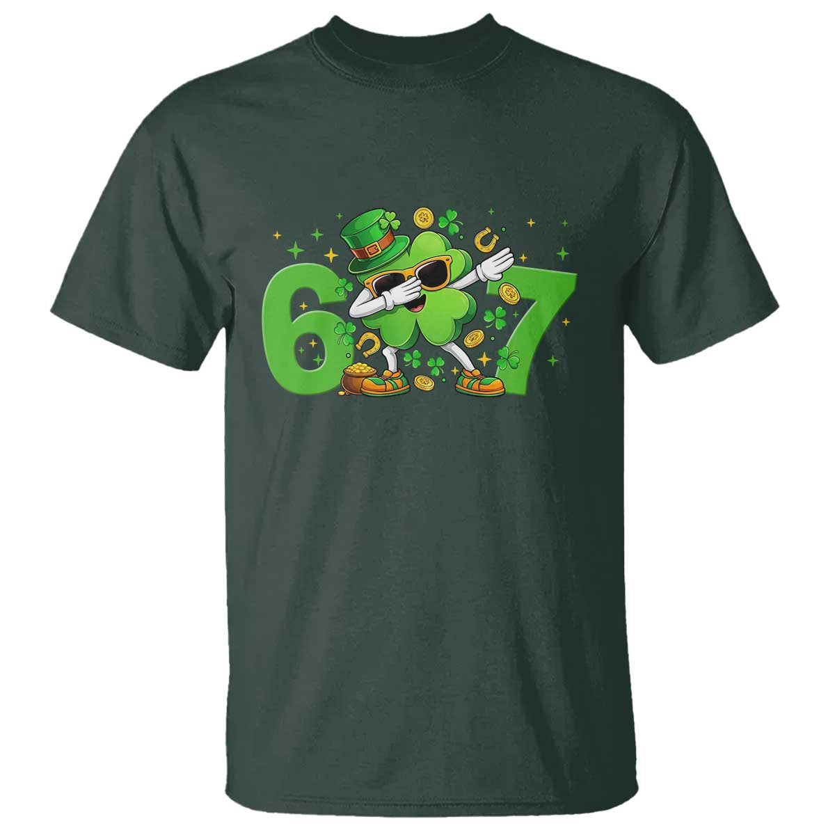 Funny Six Seven 67 St Patricks Day Dabbing Shamrock T Shirt TS11 Dark Forest Green Print Your Wear