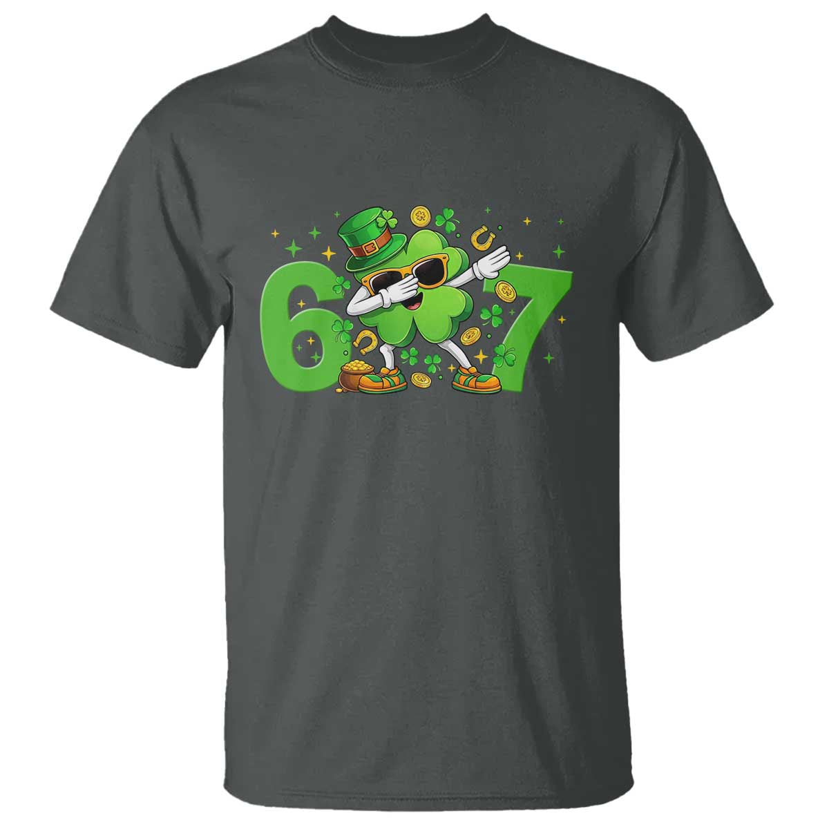 Funny Six Seven 67 St Patricks Day Dabbing Shamrock T Shirt TS11 Dark Heather Print Your Wear