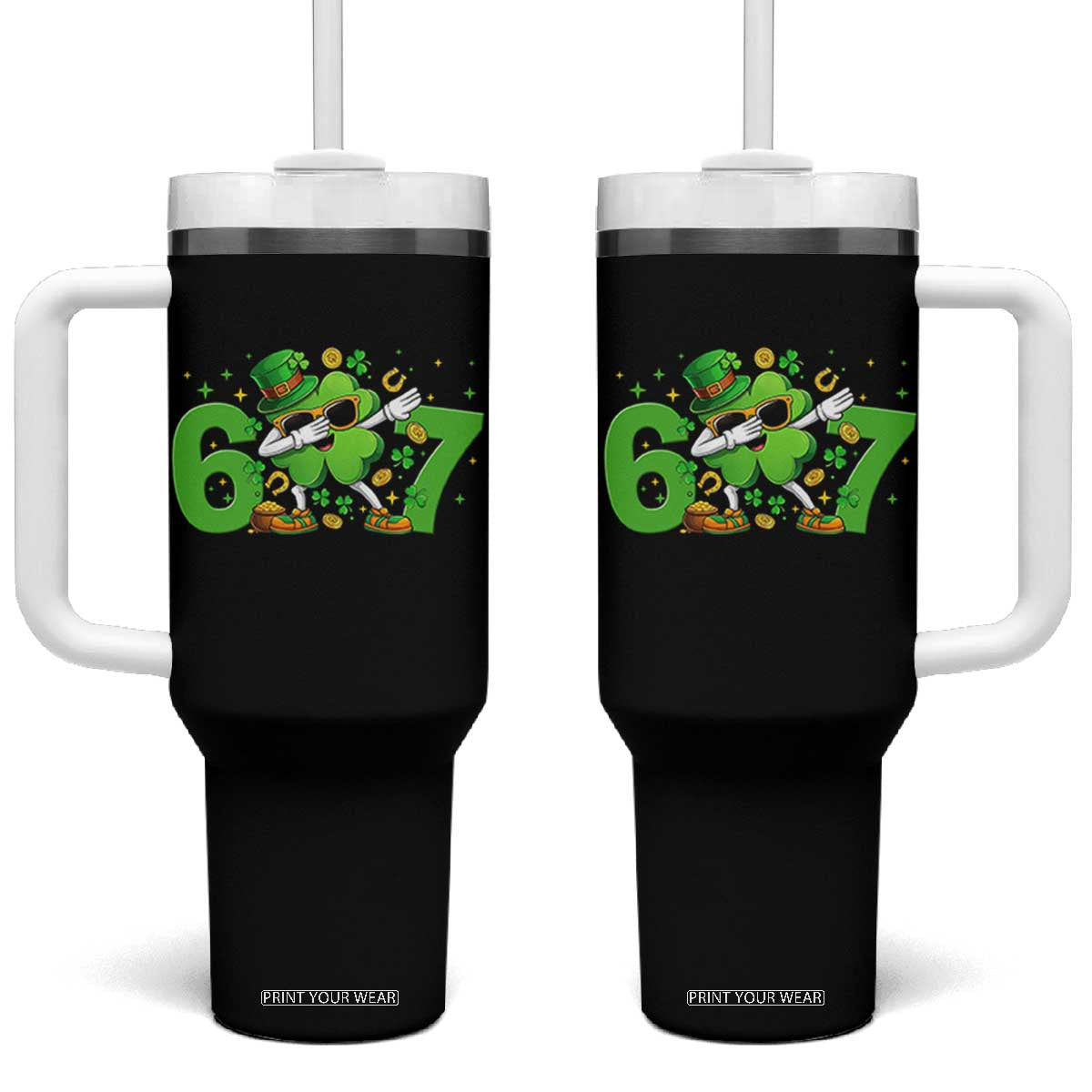 Funny Six Seven 67 St Patricks Day Dabbing Shamrock Tumbler With Handle TS11 One Size: 40 oz Black Print Your Wear
