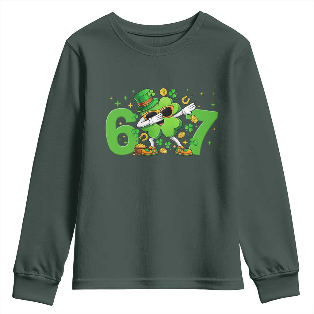 Funny Six Seven 67 St Patricks Day Dabbing Shamrock Youth Sweatshirt TS11 Dark Forest Green Print Your Wear