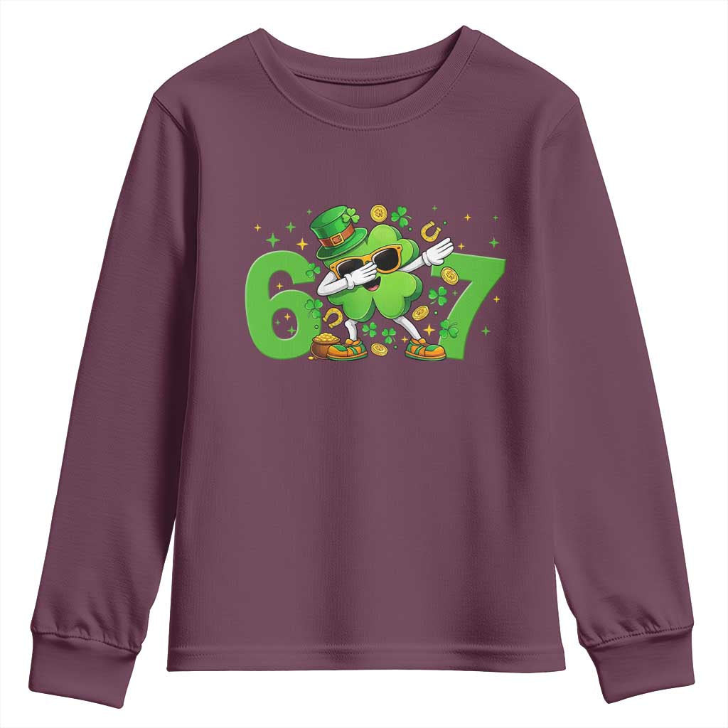 Funny Six Seven 67 St Patricks Day Dabbing Shamrock Youth Sweatshirt TS11 Maroon Print Your Wear