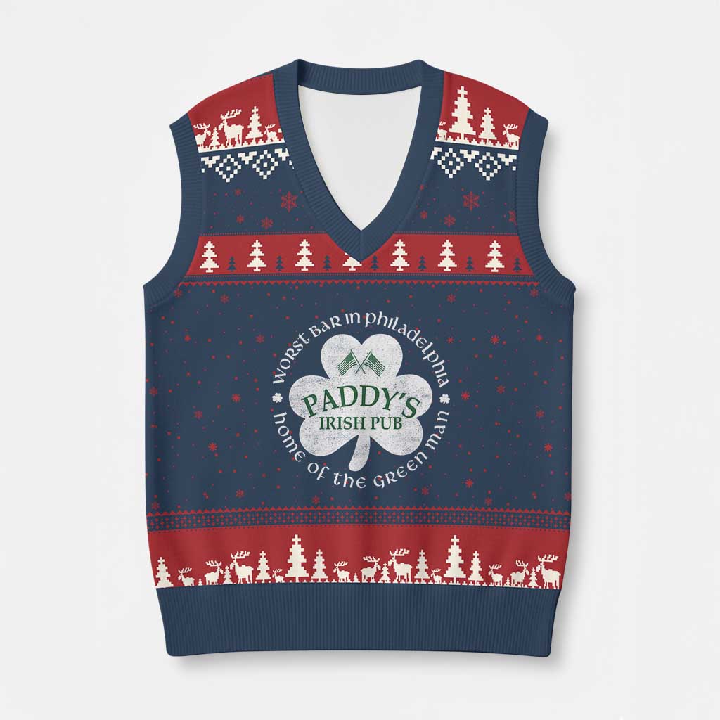 Funny Paddys Irish Pub V-Neck Knit Sweater Vest Worst Bar In Philadelphia St Patricks Day Beer Drinking TS11 Navy Red Print Your Wear