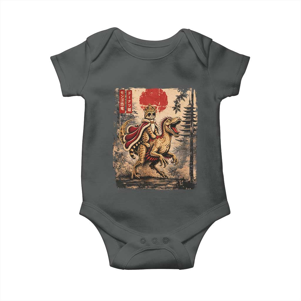 Cat Princess Riding Raptor Dinosaur Baby Onesie Japanese Vintage Graphic Ukiyoe Art TS11 Dark Heather Print Your Wear