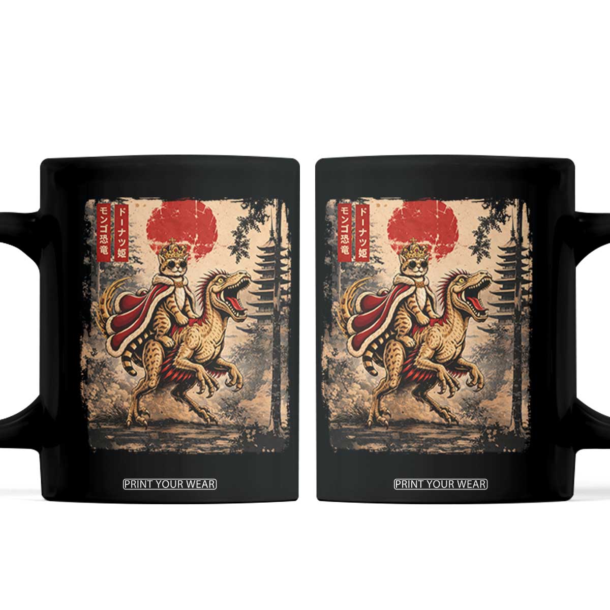 Cat Princess Riding Raptor Dinosaur Coffee Mug Japanese Vintage Graphic Ukiyoe Art TS11 Black Print Your Wear