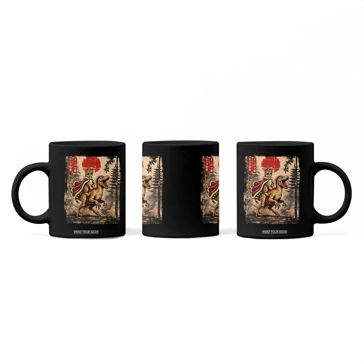 Cat Princess Riding Raptor Dinosaur Coffee Mug Japanese Vintage Graphic Ukiyoe Art TS11 Print Your Wear