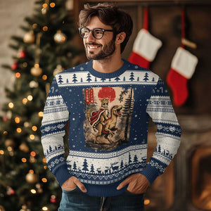 Cat Princess Riding Raptor Dinosaur Ugly Christmas Sweater Japanese Vintage Graphic Ukiyoe Art TS11 Navy Beige Print Your Wear