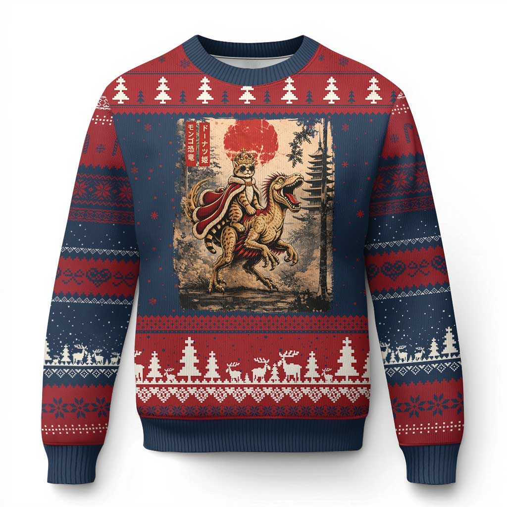 Cat Princess Riding Raptor Dinosaur Ugly Christmas Sweater Japanese Vintage Graphic Ukiyoe Art TS11 Navy Red Print Your Wear