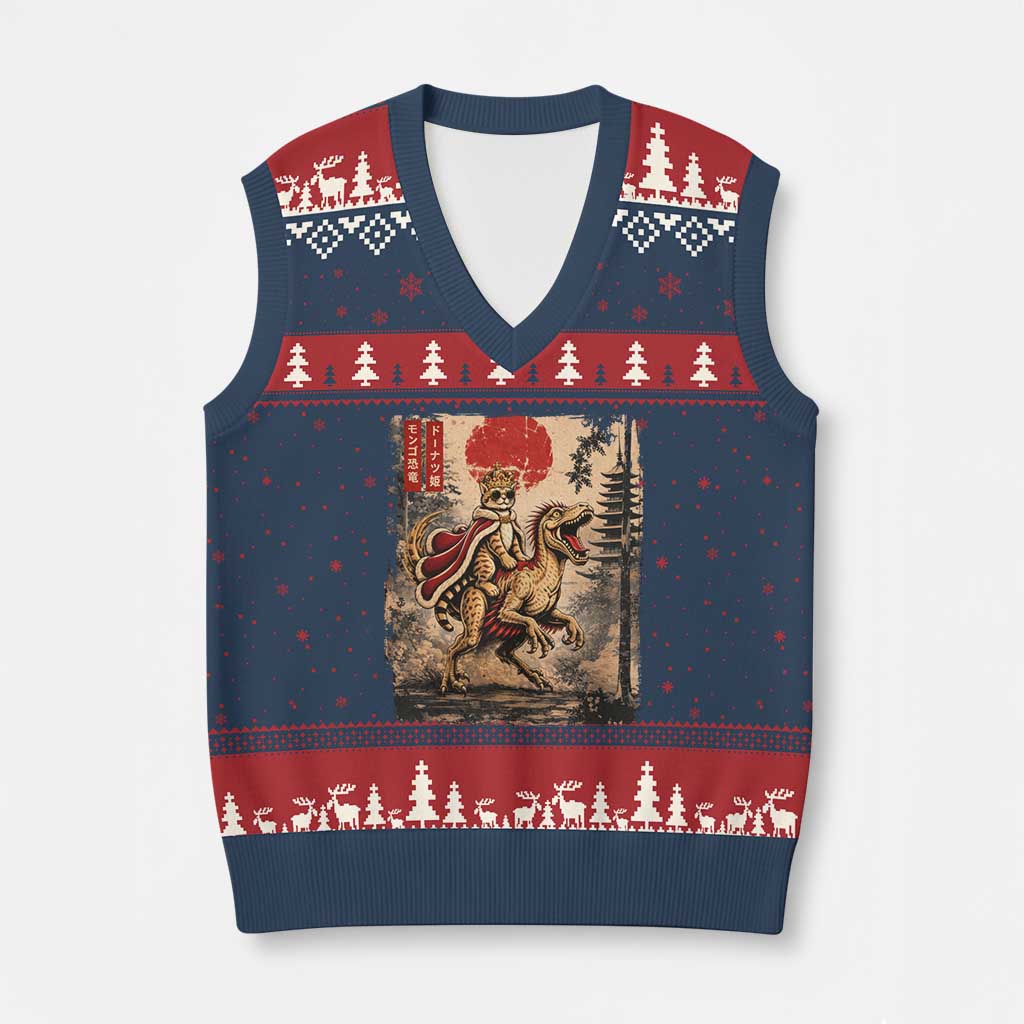 Cat Princess Riding Raptor Dinosaur V-Neck Knit Sweater Vest Japanese Vintage Graphic Ukiyoe Art TS11 Navy Red Print Your Wear
