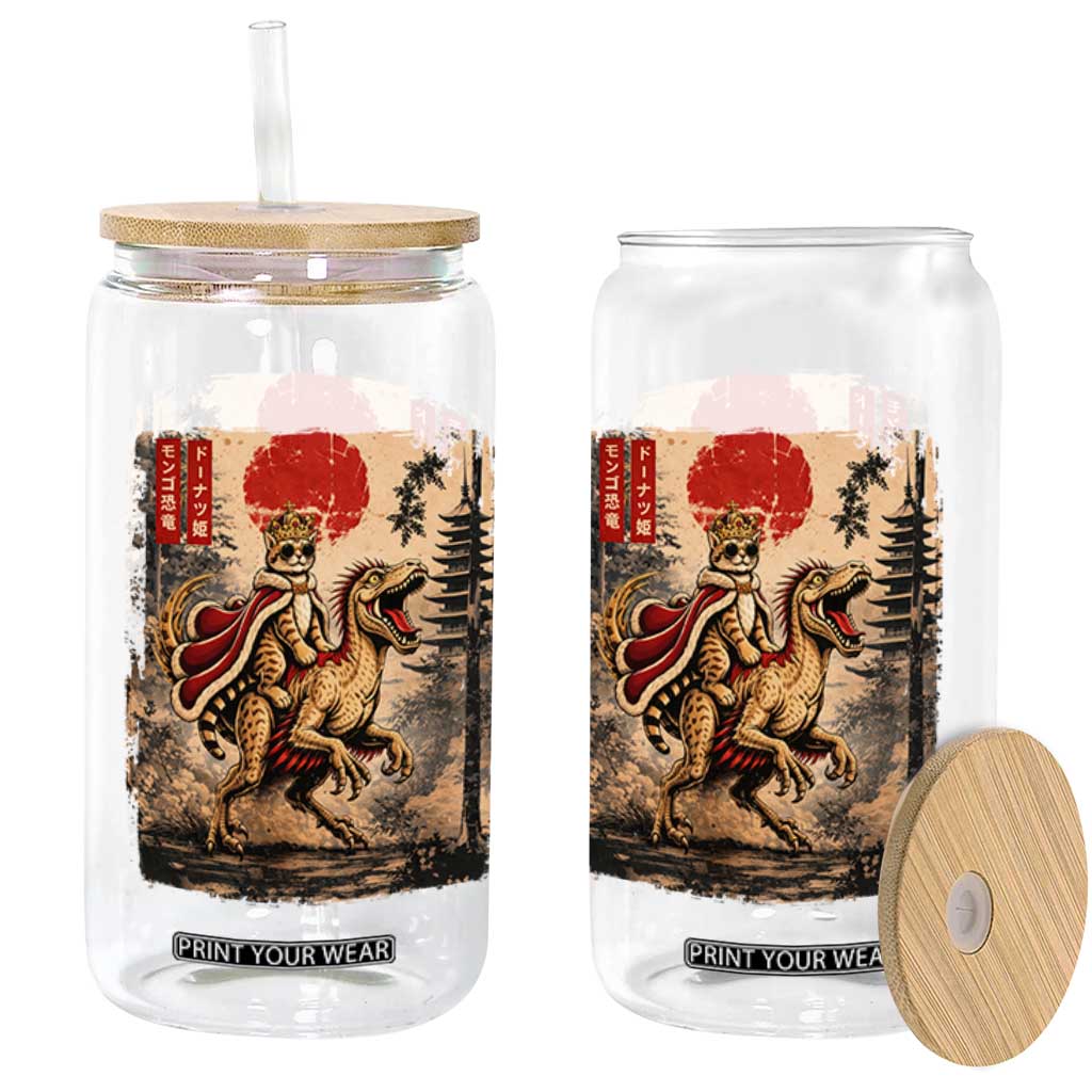 Cat Princess Riding Raptor Dinosaur Glass Can Japanese Vintage Graphic Ukiyoe Art TS11 Print Your Wear