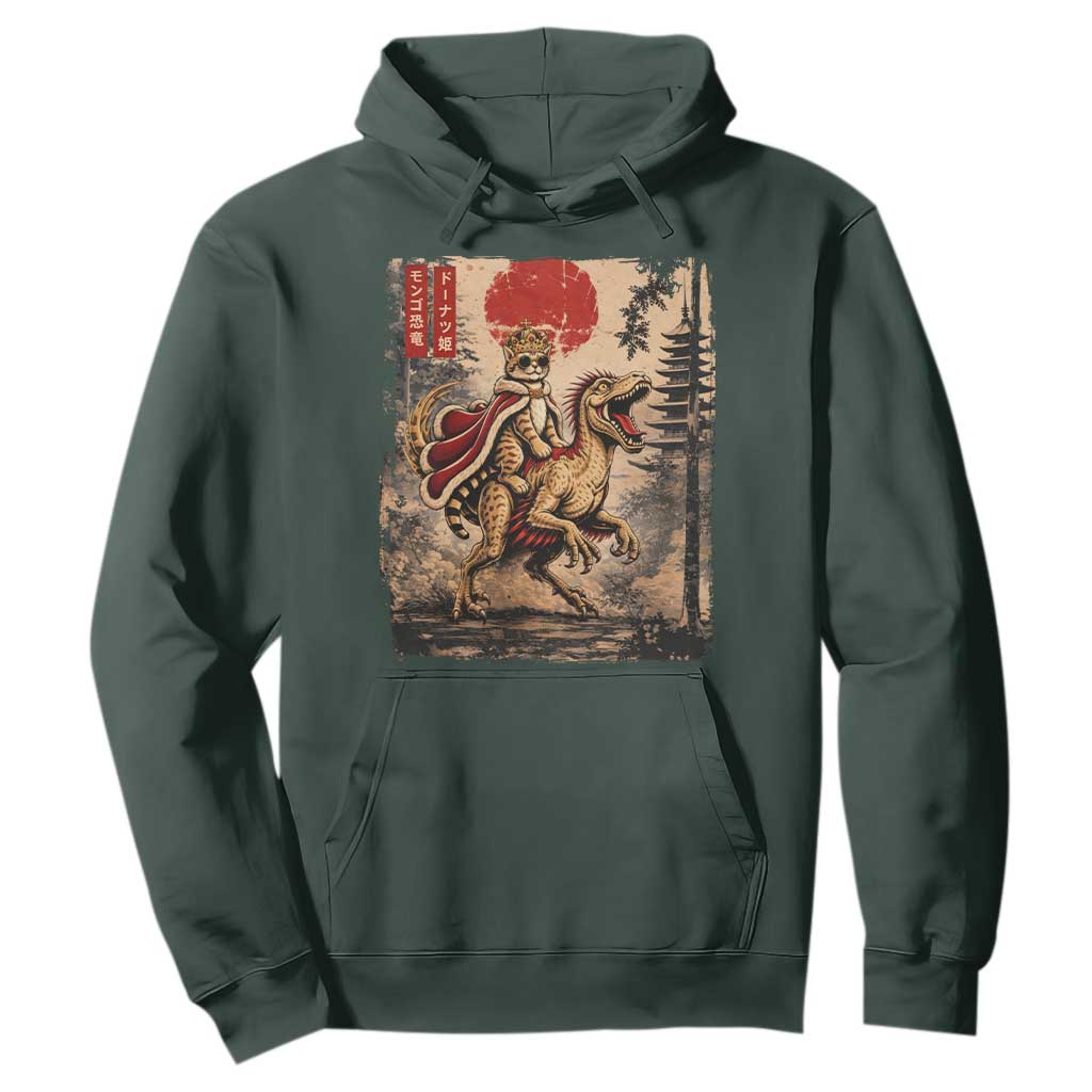Cat Princess Riding Raptor Dinosaur Hoodie Japanese Vintage Graphic Ukiyoe Art TS11 Dark Forest Green Print Your Wear